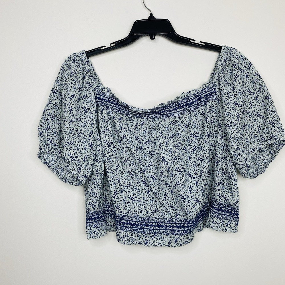 Madewell Top 2X Jeanette Florentine Blue Floral Button Back Puff Sleeve Cropped